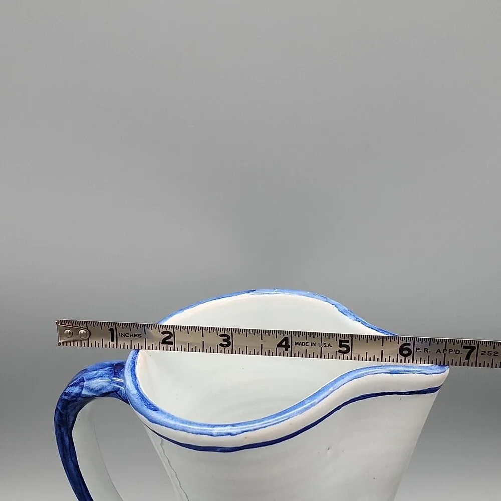 Talavera Spain Vino Pitcher Jug Hand Painted Pottery White Cobalt Blue Marked